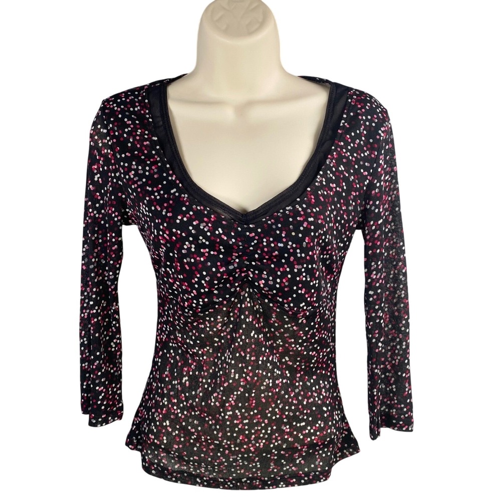 Y2k‎ Top Medium Babydoll Polka Dot Sheer Mesh 3/4 Sleeve Indie Grunge Whimsigoth